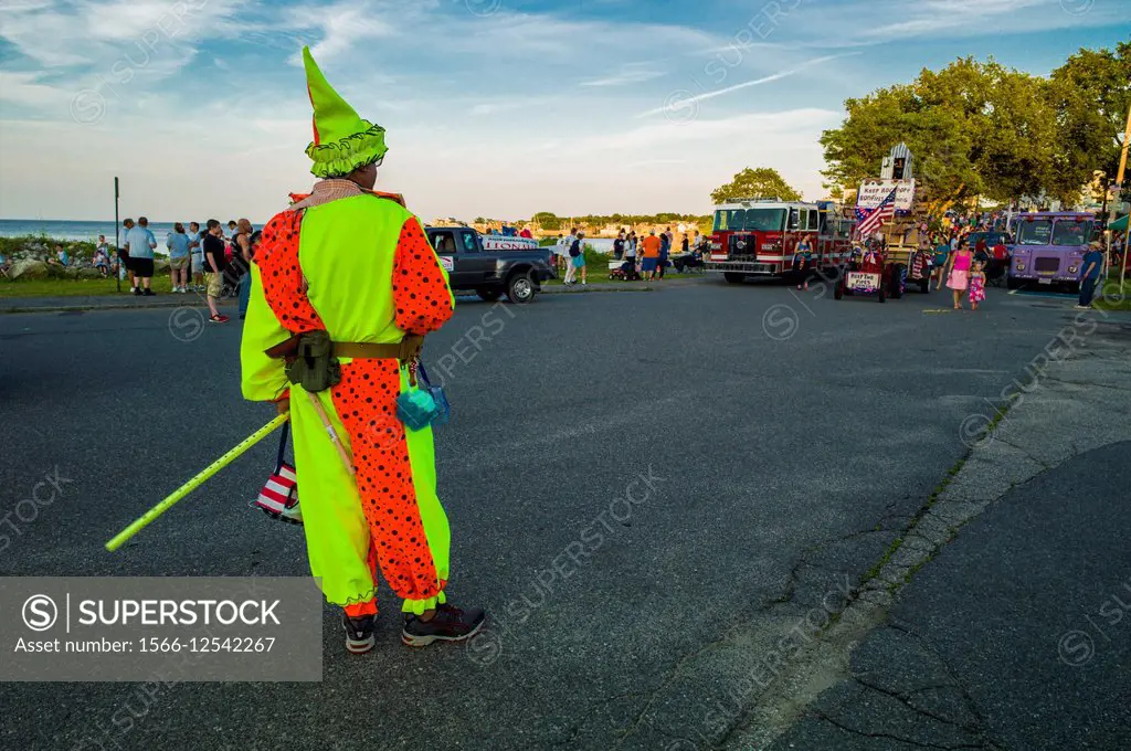 USA, Massachusetts, Cape Ann, Rockport, Fourth of July, Independence Day Parade, street clown.