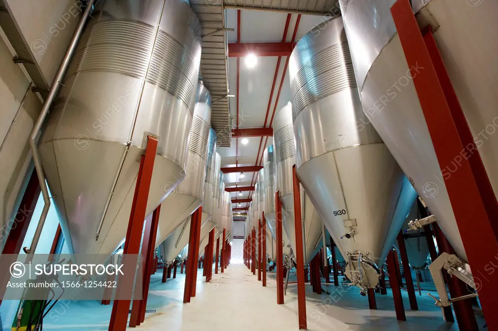 Wine cellar, Aging wine storage in tanks, Olarra winery, Rioja, Logroño, Spain