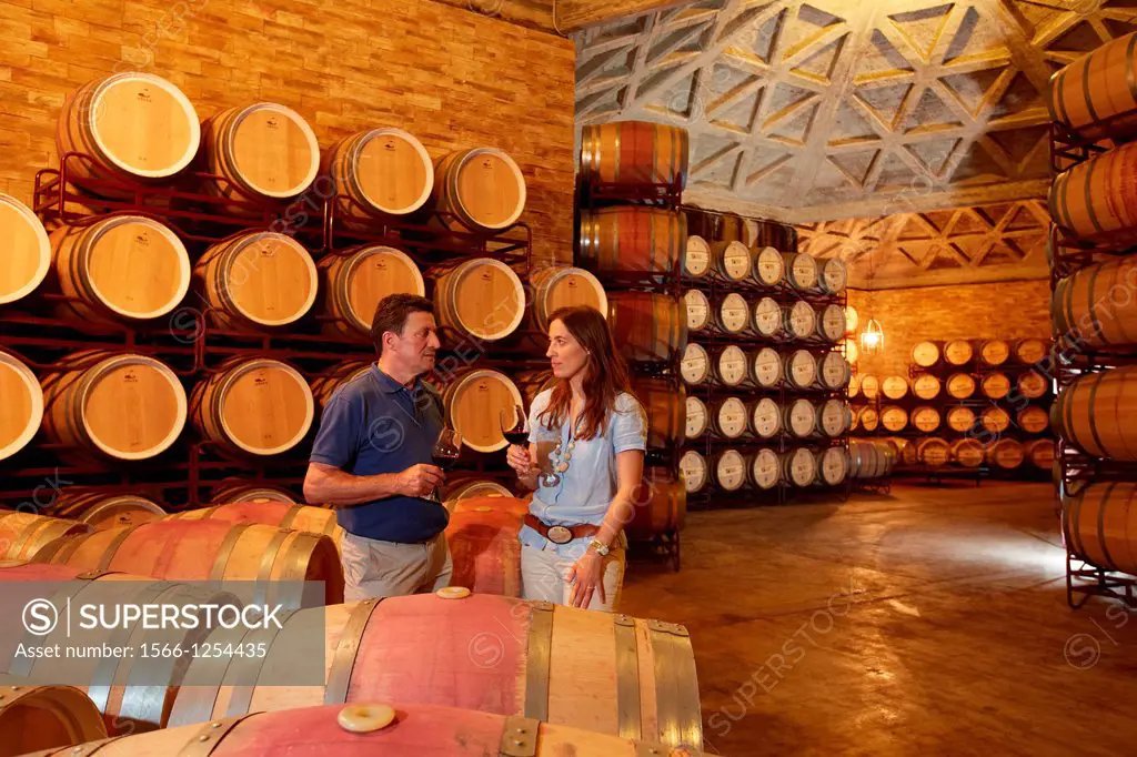 Wine cellar, Aging wine storage in barrels , Olarra winery, Rioja, Logroño, Spain