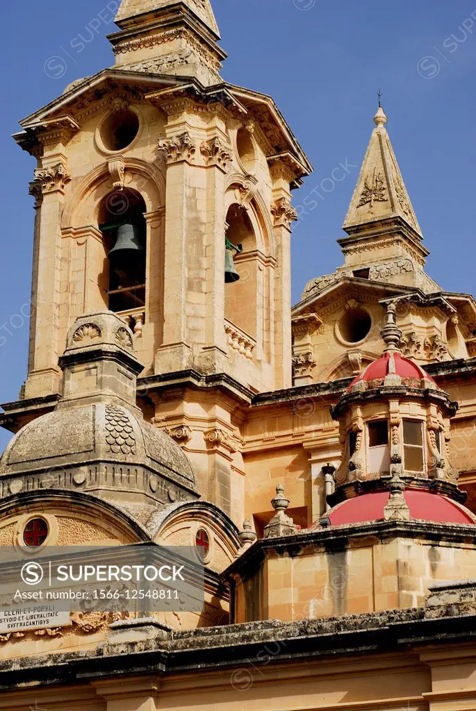 Detail of the towers in the church of Zurrieq, Malta island, Malta.