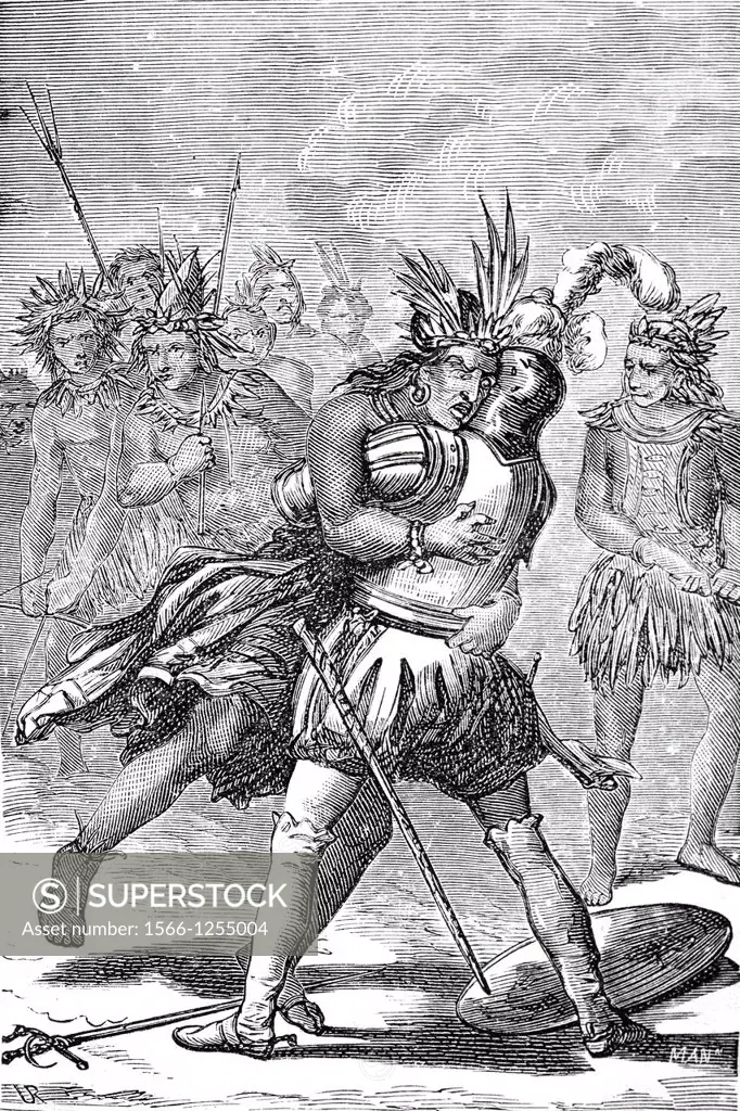 ´Hernan Cortes made a supreme effort to ground and threw Cacumatzin´ by Man, From ´Hernan Cortes, Descubrimiento y conquista de Mejico´, by Lamartine,...