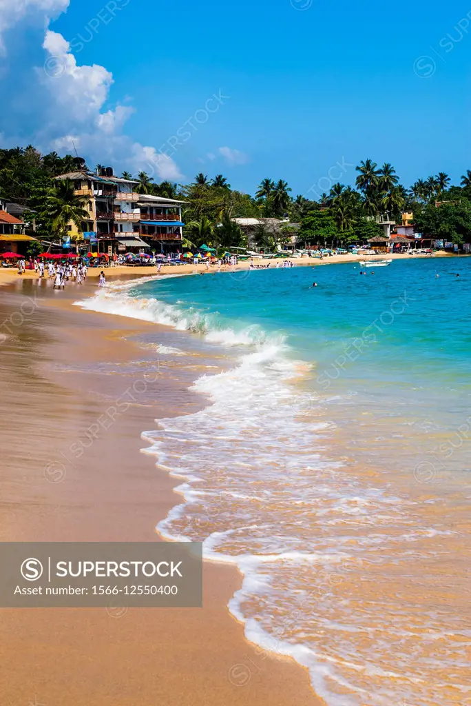 Accommodation on Unawatuna Beach, a sandy beach on the South Coast of Sri Lanka, Asia.