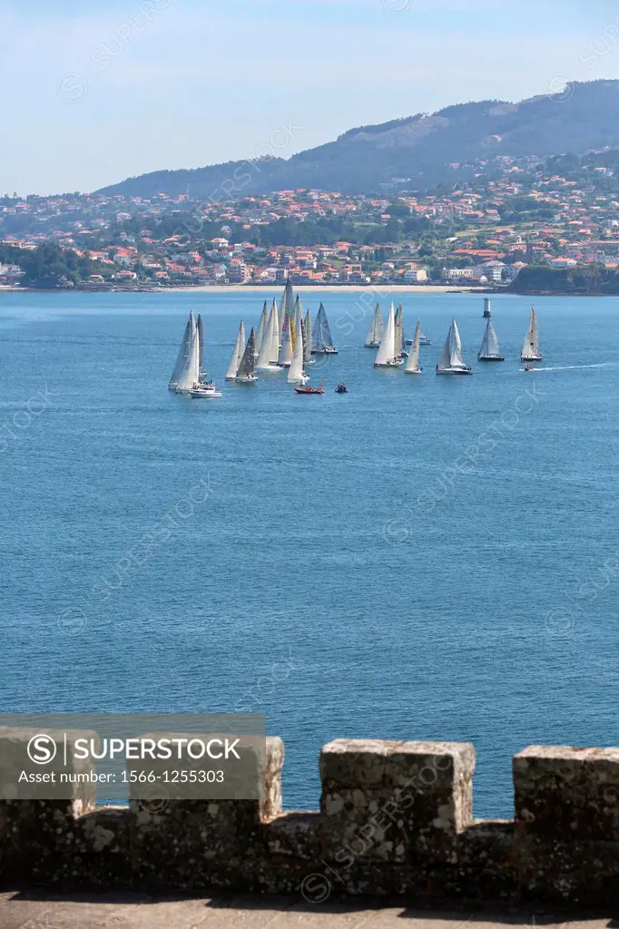 Sailboats in the Ria de Vigo, View from Baiona, Pontevedra, Galicia, Spain.