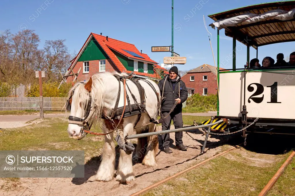 horse-drawn museum railway, East Frisian Island Spiekeroog, Lower Saxony, Germany.