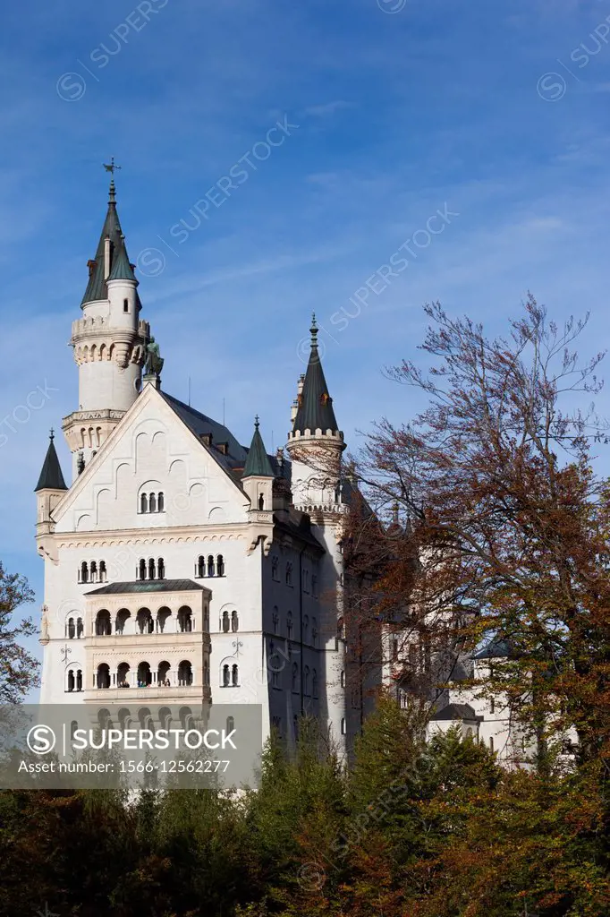 Germany, Bavaria, Hohenschwangau, Schloss Neuschwanstein castle, western side detail.