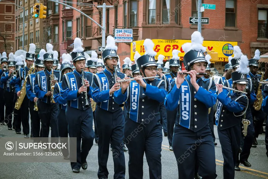 Fort Hamilton High School marches in on St Patrick´s Day in the Irish-American Parade in the Park Slope neighborhood of Brooklyn The family friendly e...