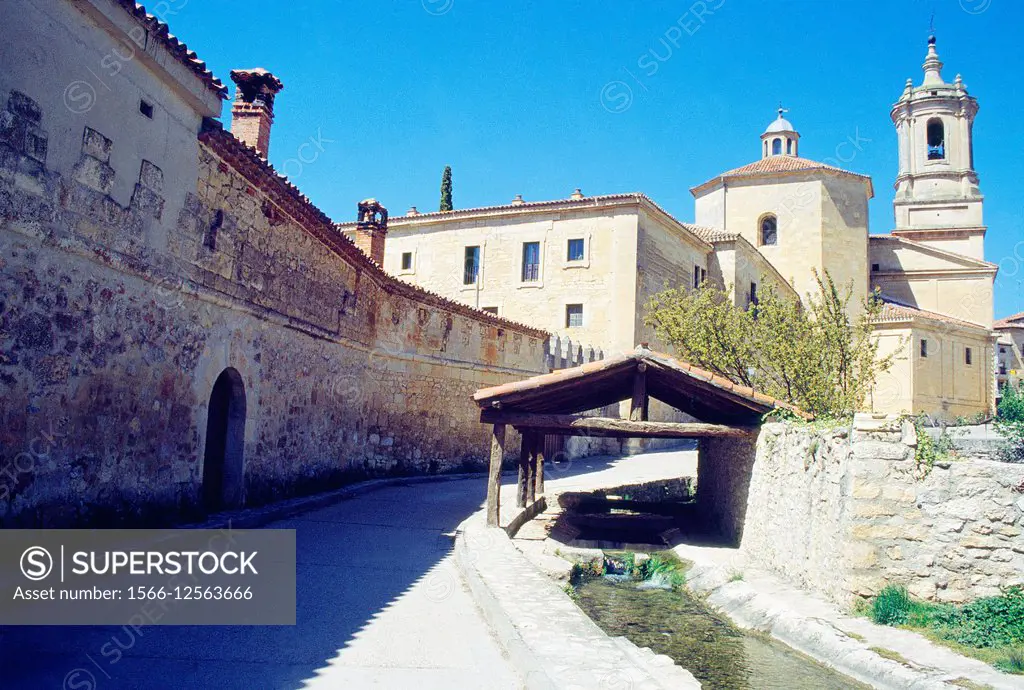 Street and monastery. Santo Domingo de Silos, Burgos province, Castilla Leon, Spain.