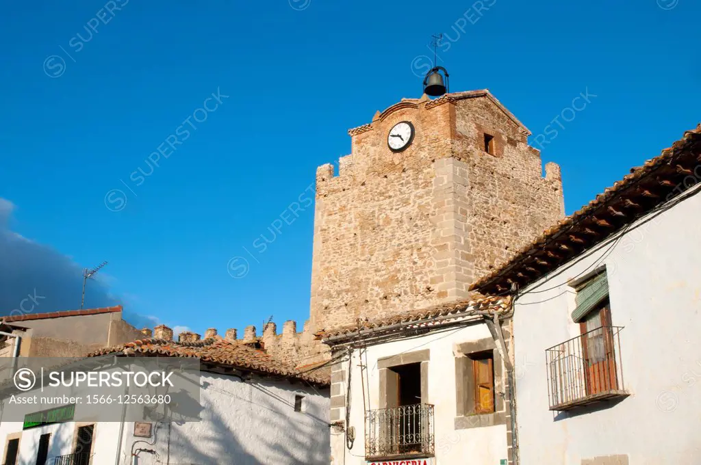 Clock tower. Constitucion Square, Buitrago del Lozoya, Madrid province, Spain.