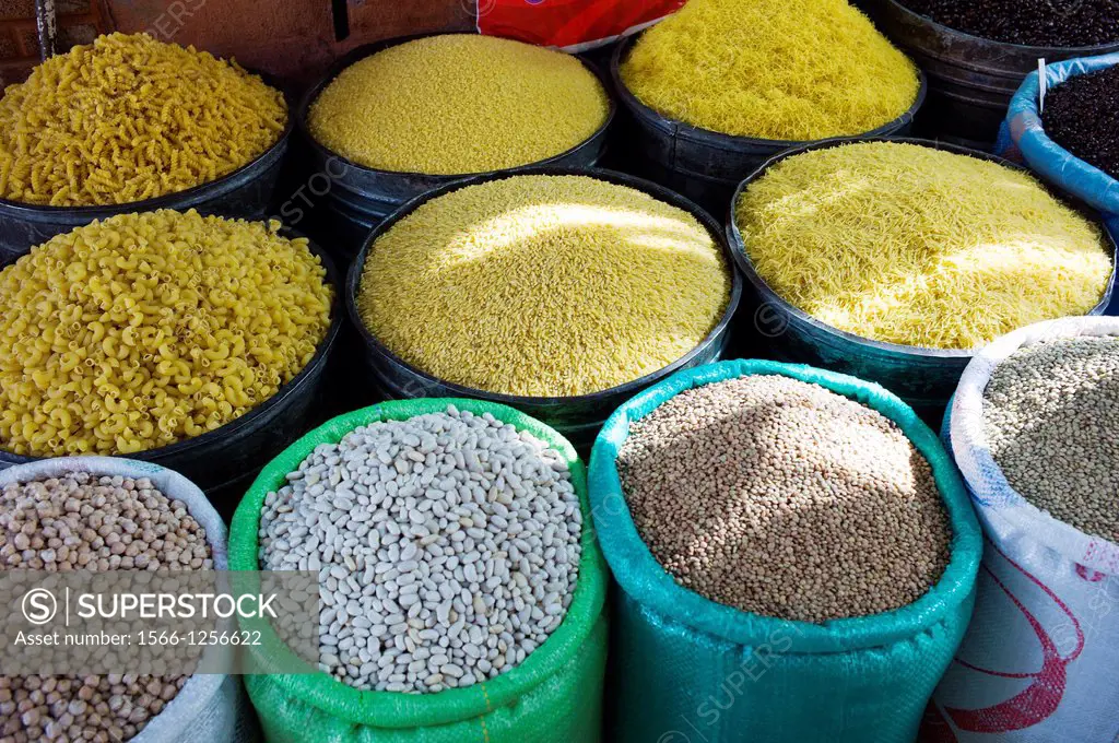 Shop selling legumes and pasta in bulk. Medina, Marrakech, Morocco, Northern Africa