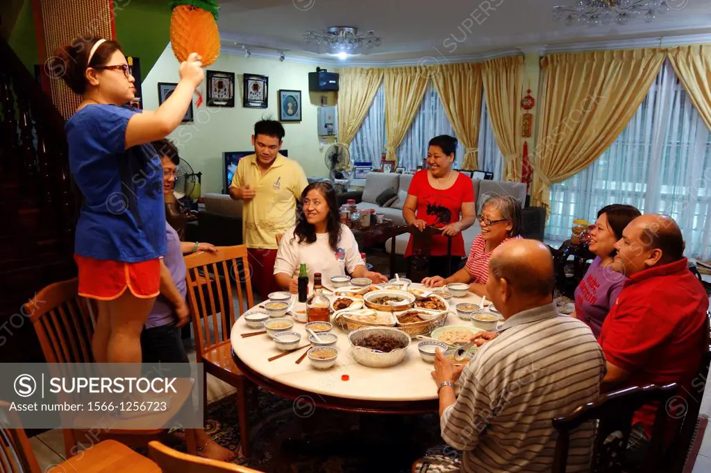 A typical Chinese New Year Eve family gathering dinner in Kuching, Sarawak, Malaysia.