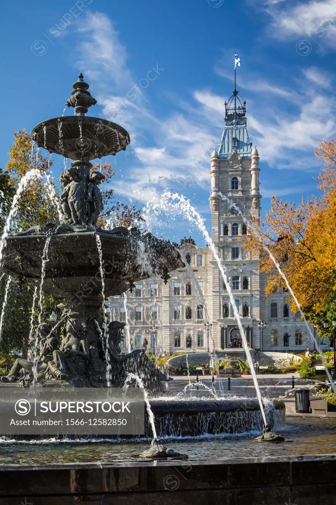The decorative water fountain at the Quebec National Assembly building in Quebec City, Quebec, Canada.