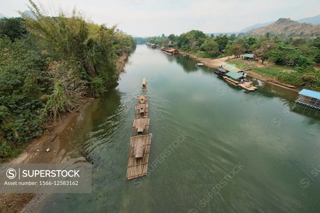 Floating bamboo raft hotels on the river Khwae near Kanchanaburi, Thailand.