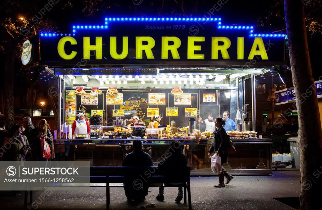 Churreria in Gran Via de les Corts Catalanes, during Gran Via Christmas fair or Three Wise Men´s fair  Barcelona  Catalonia  Spain