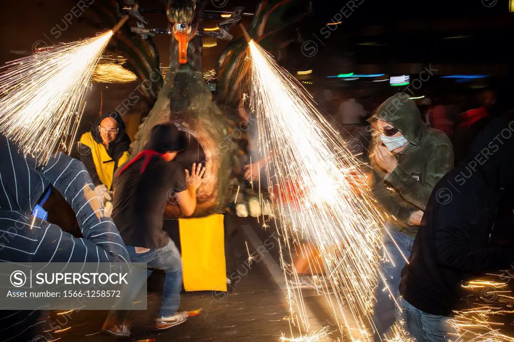 `Correfoc´, typical catalan celebration in which dragons and devils armed with fireworks dance through the streets  In Via Laietana during La Merce Fe...