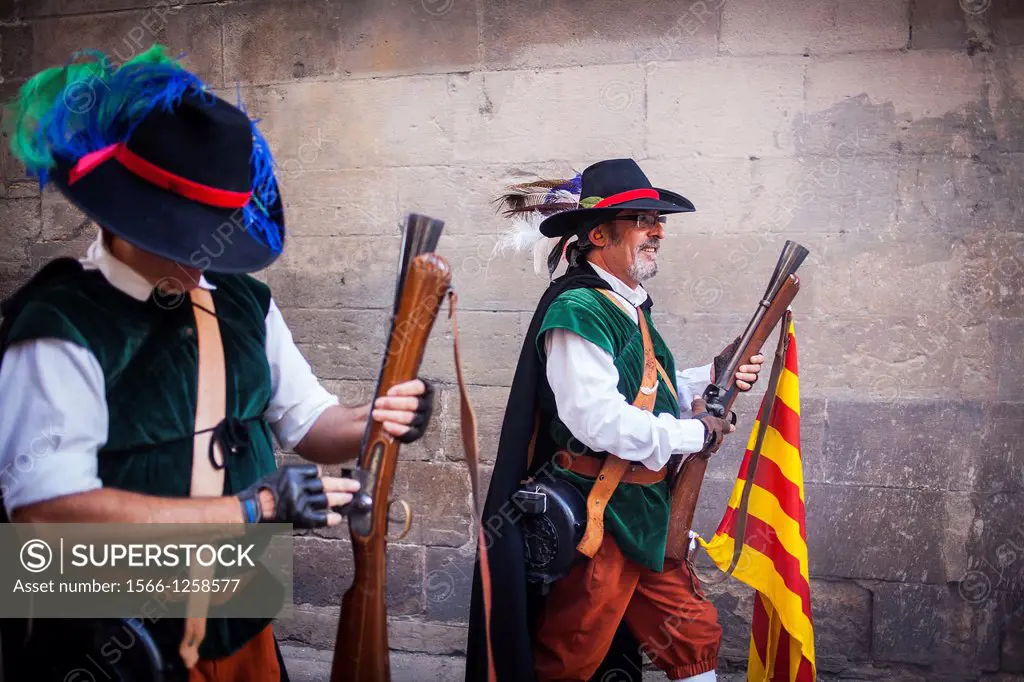 `Trabucaires´ men armed with blunderbuss at Bisbe street during La Merce Festival  Barcelona  Catalonia  Spain