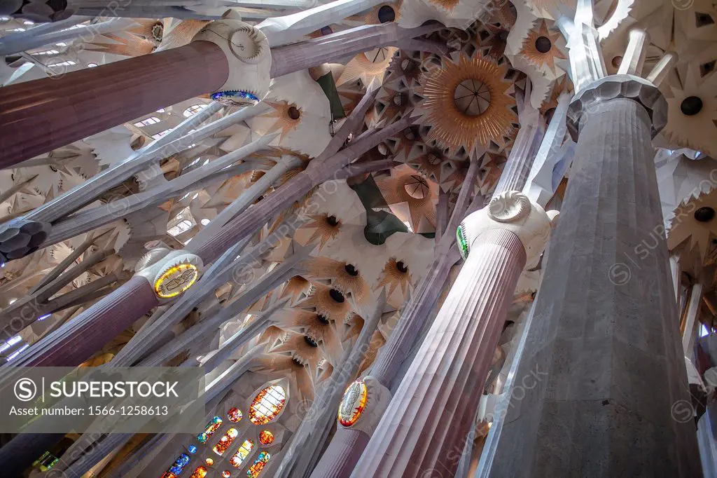 Interior of Basilica Sagrada Familia,transept, Barcelona, Catalonia, Spain