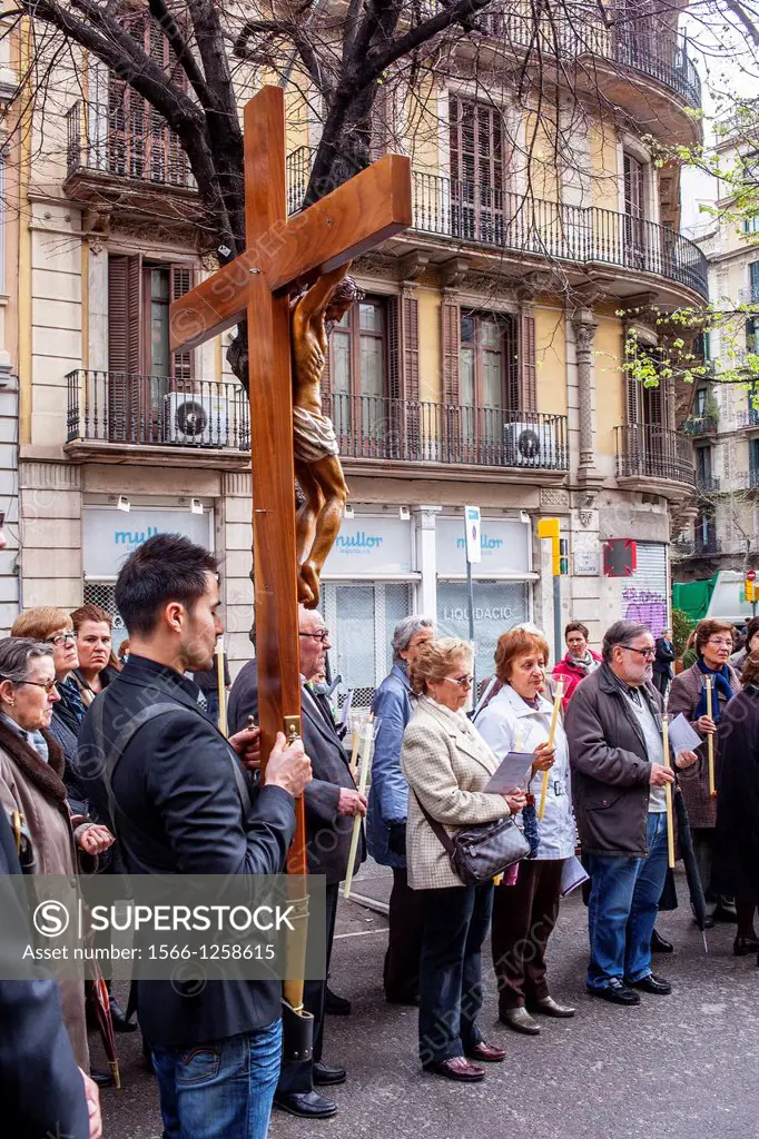 Representation, Way of the Cross, Good Friday, Easter week, from church of Sant Ramon de Penyafort to church of la Mare de Deu dels Angels, Rambla Cat...