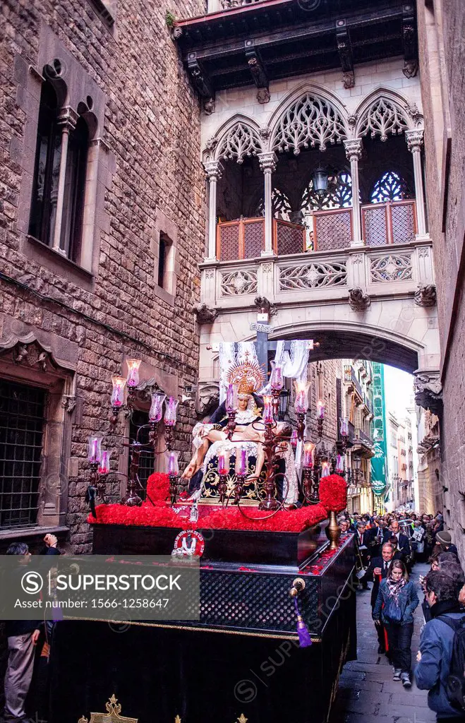 procession, sisterhood of Virgen de las Angustias,Statue usually in the Sant Jaume church,Good Friday, Easter week,plaza Sant Jaume,Barcelona, Catalon...
