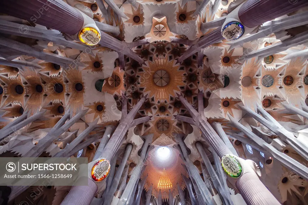 Interior of Basilica Sagrada Familia, crossing, Barcelona, Catalonia, Spain