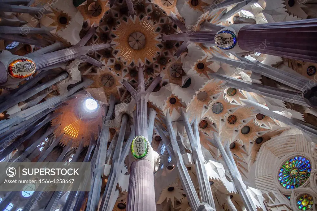 Interior of Basilica Sagrada Familia, crossing, Barcelona, Catalonia, Spain