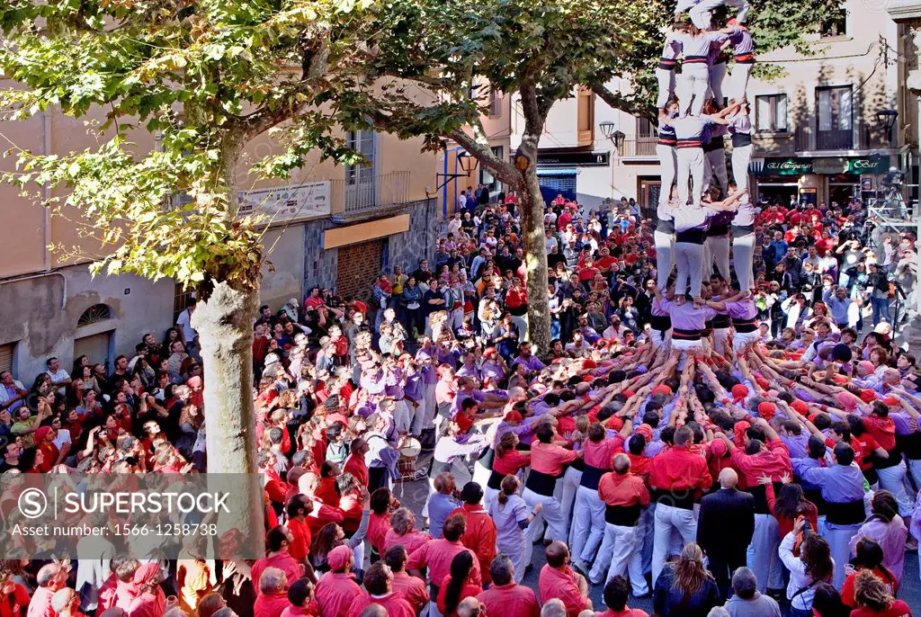 Colla Jove Xiquets de Tarragona ´Castellers´ building human tower, a Catalan tradition Fira de Santa Teresa, town festival  Plaça Vella El Vendrell Ta...