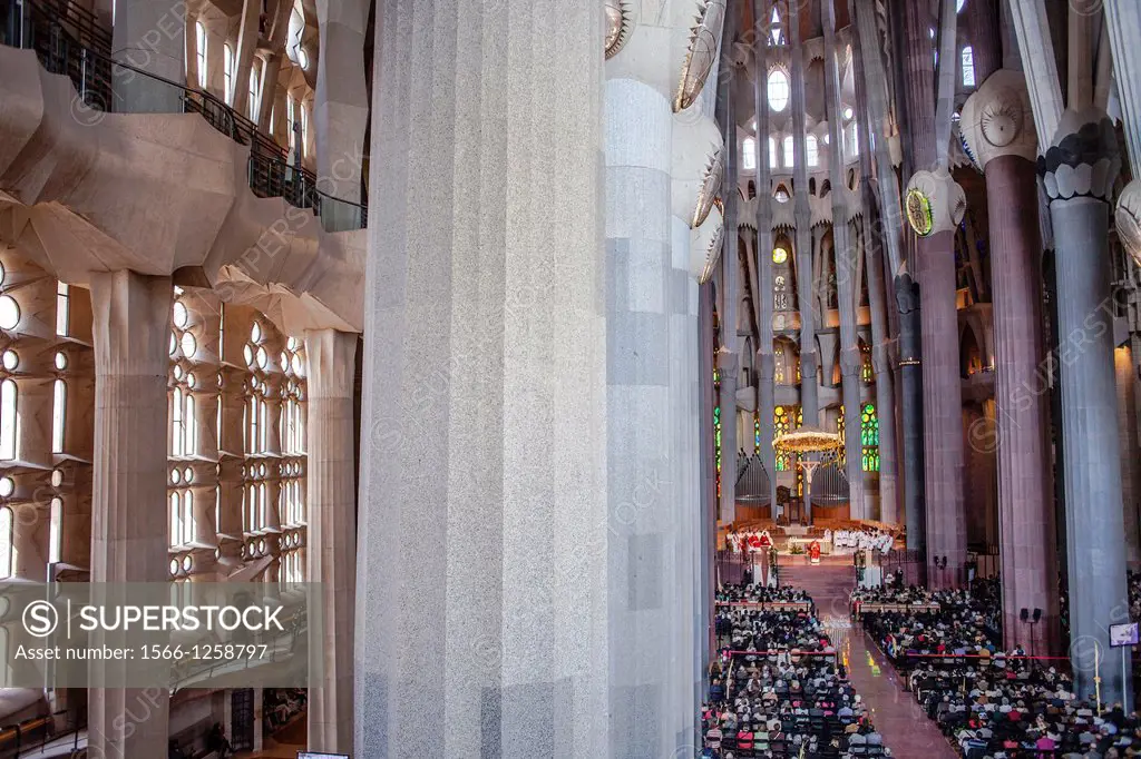 Mass,Interior of Basilica Sagrada Familia,nave, Barcelona, Catalonia, Spain