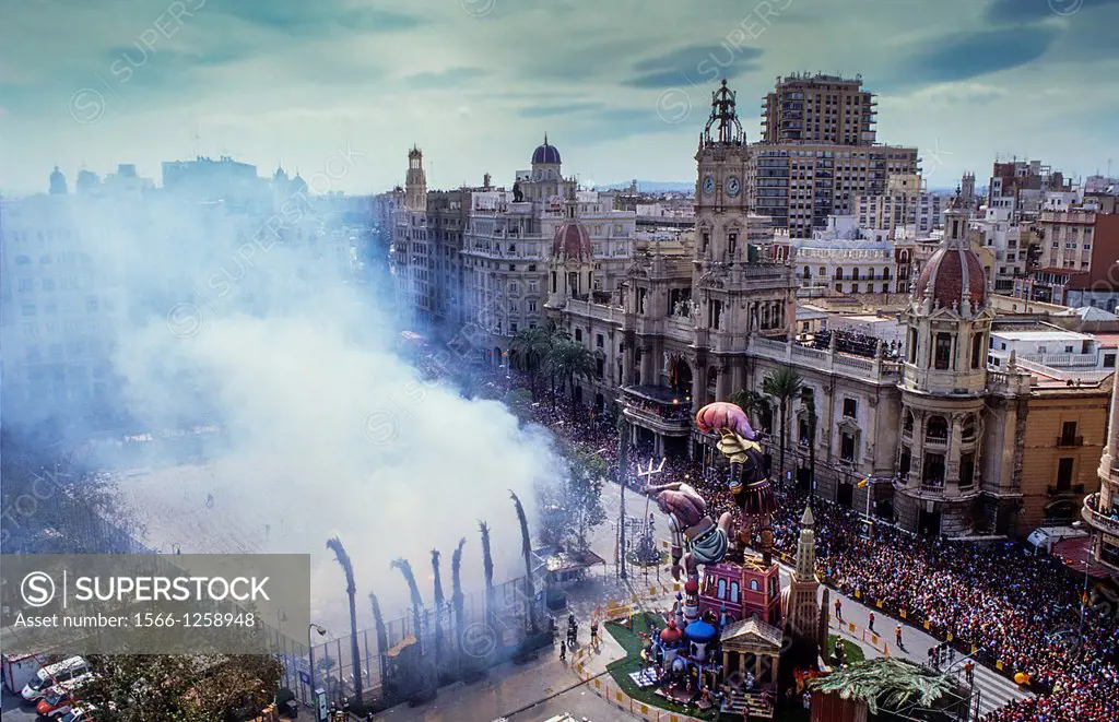 `Mascleta´ firecrackers and falla in Plaza del Ayuntamiento,Fallas festival,Valencia,Spain
