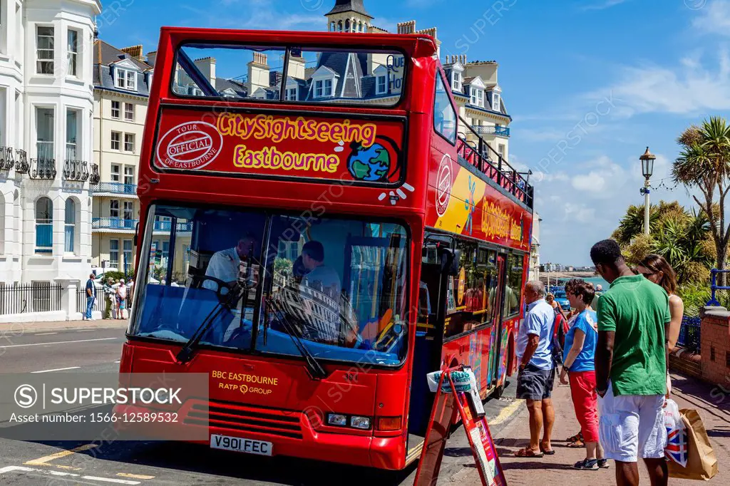 Citysightseeing Tour Bus On The Seafront, Eastbourne, Sussex, UK.