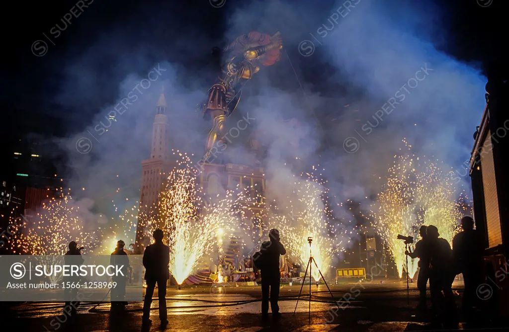 Falla of Plaza del Ayuntamiento and fireworks,Fallas festival,Valencia,Spain