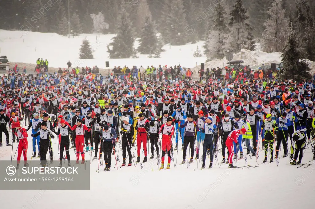 A large group of skiers before the start of the Bieg Piastow cross-country race, Jakuszyce, Poland