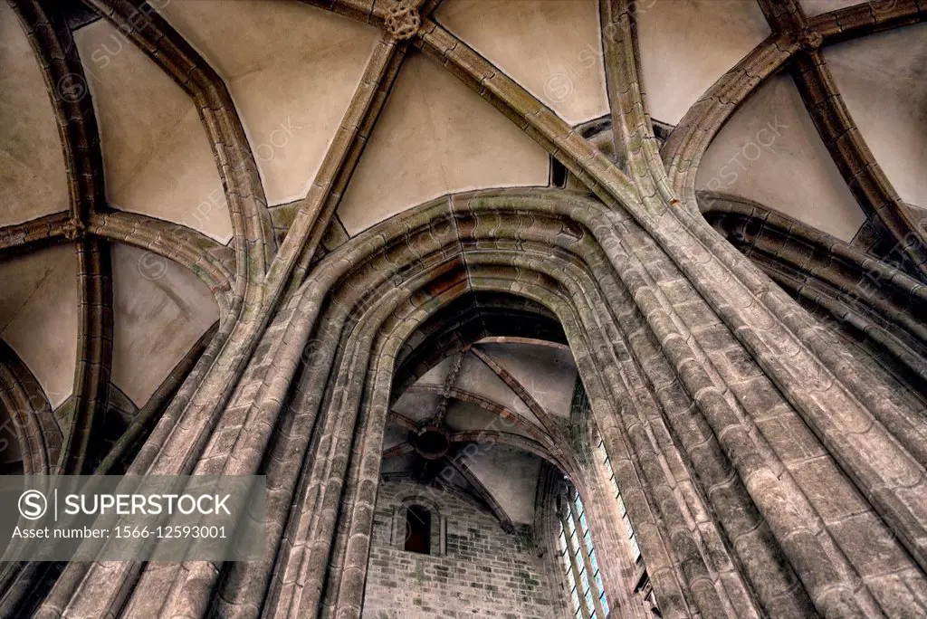 Looking up to the gothic ceiling of a church in Mont Saint Michel Monastery, Normandy, France