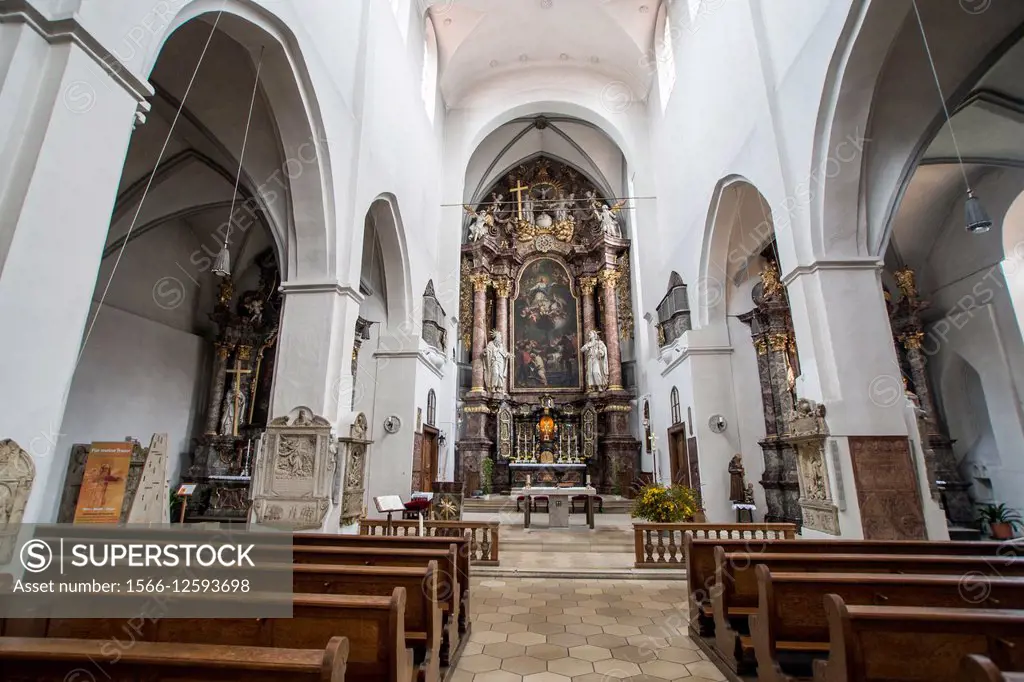The nave of the church with the Baroque high altar, Franciscan Church, Ingolstadt, Germany