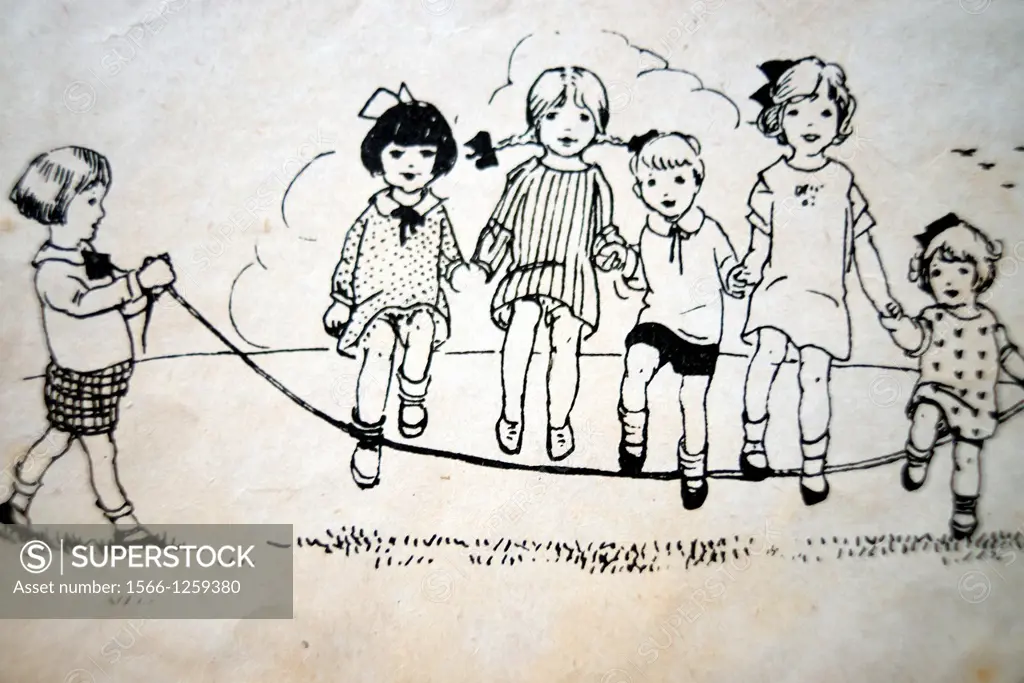 vintage illustration of group of children playing jumping a rope