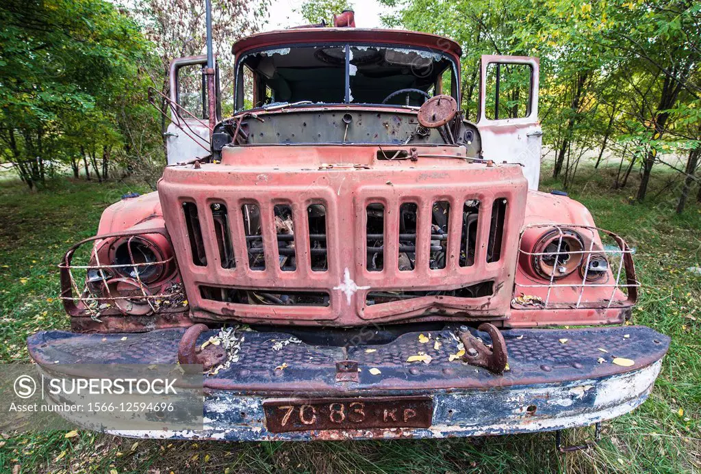 abandoned fire engine near former fish plant in Chernobyl Exclusion Zone, Ukraine.