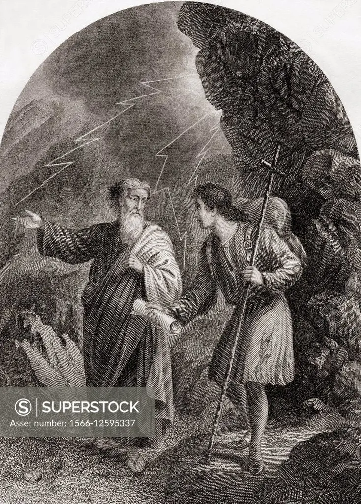 Christian and Evangelist. From The Pilgrim´s Progress by John Bunyan. 19th century print.