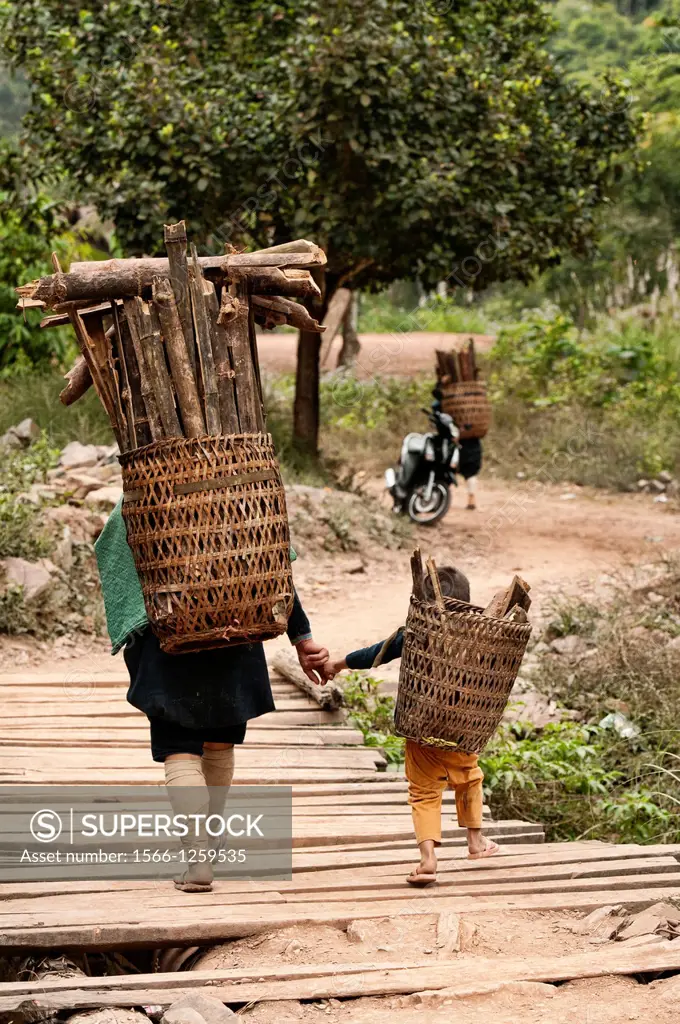 Ethnic Lanten woman and her son carrying wood, Luang Nam Tha, Laos