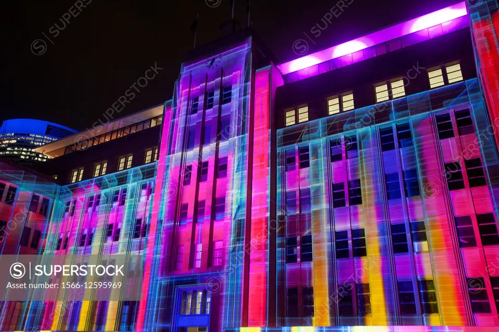 Facade of the Museum of Contemporary Art at Circular Quay lights up during Vivid Sydney 2015.