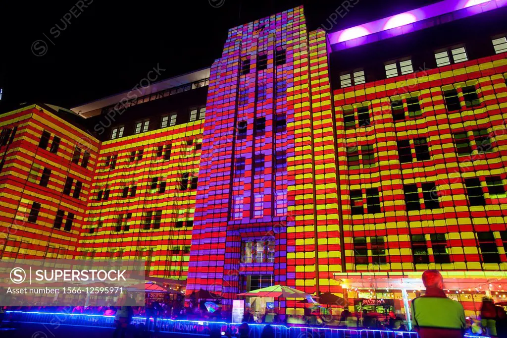 Facade of the Museum of Contemporary Art at Circular Quay lights up during Vivid Sydney 2015.