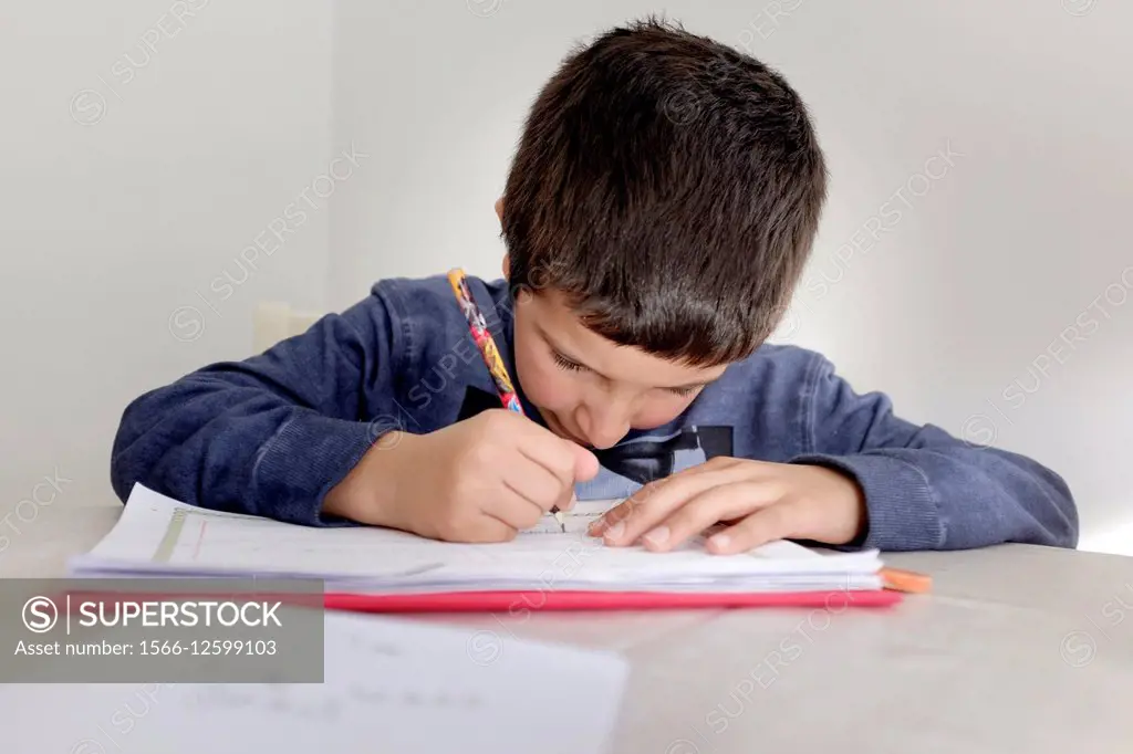Primary schoolboy working on his homework.