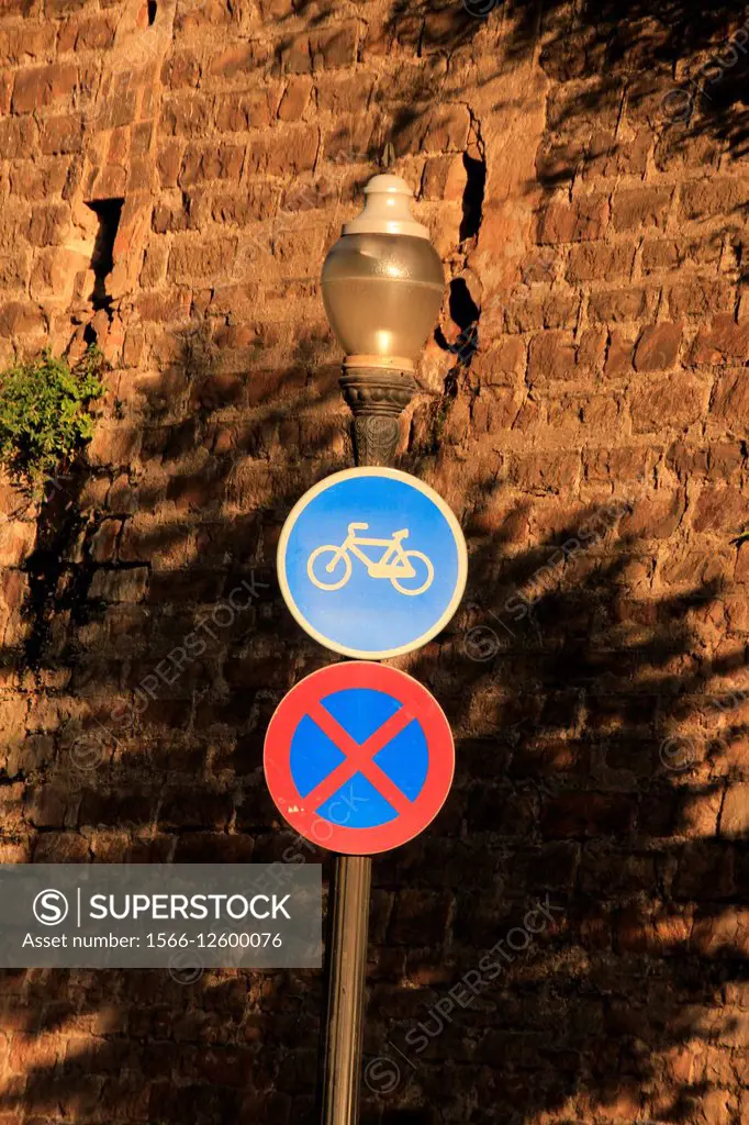 Bicycle lane sign and parking prohibited sign, Barcelona, Catalonia, Spain