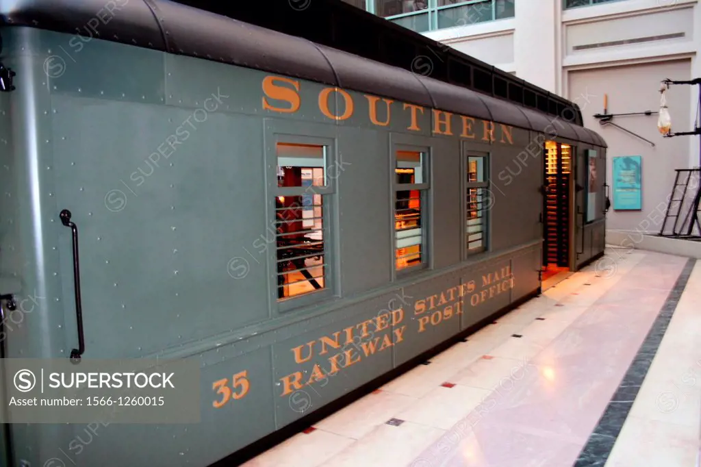 The exterior of a vintage Southern Pacific railroad mail car on display at the U S  Postal Museum in Washington, DC