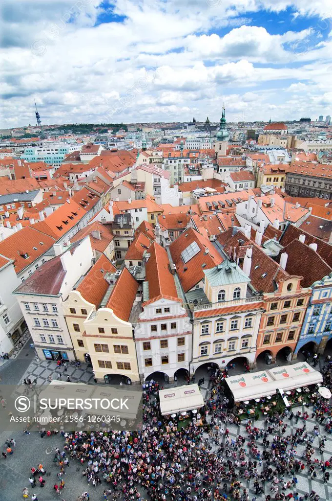 crowd gathers at the astronomical clock tower in the old town square, Stare Mesto, Prague, Czech Republic