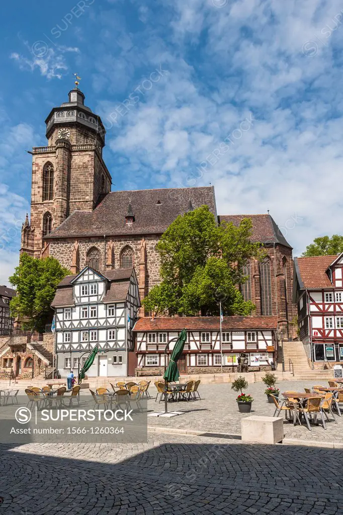 St. Marien church and traditional houses at the market square in Homberg Efze on the German Fairy Tale Route, Hesse, Germany, Europe