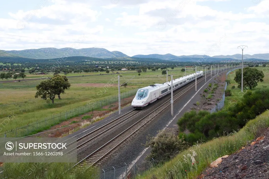 AVE High-speed train Madrid-Sevilla traveling along La Mancha. Ciudad Real province, Castilla La Mancha, Spain.