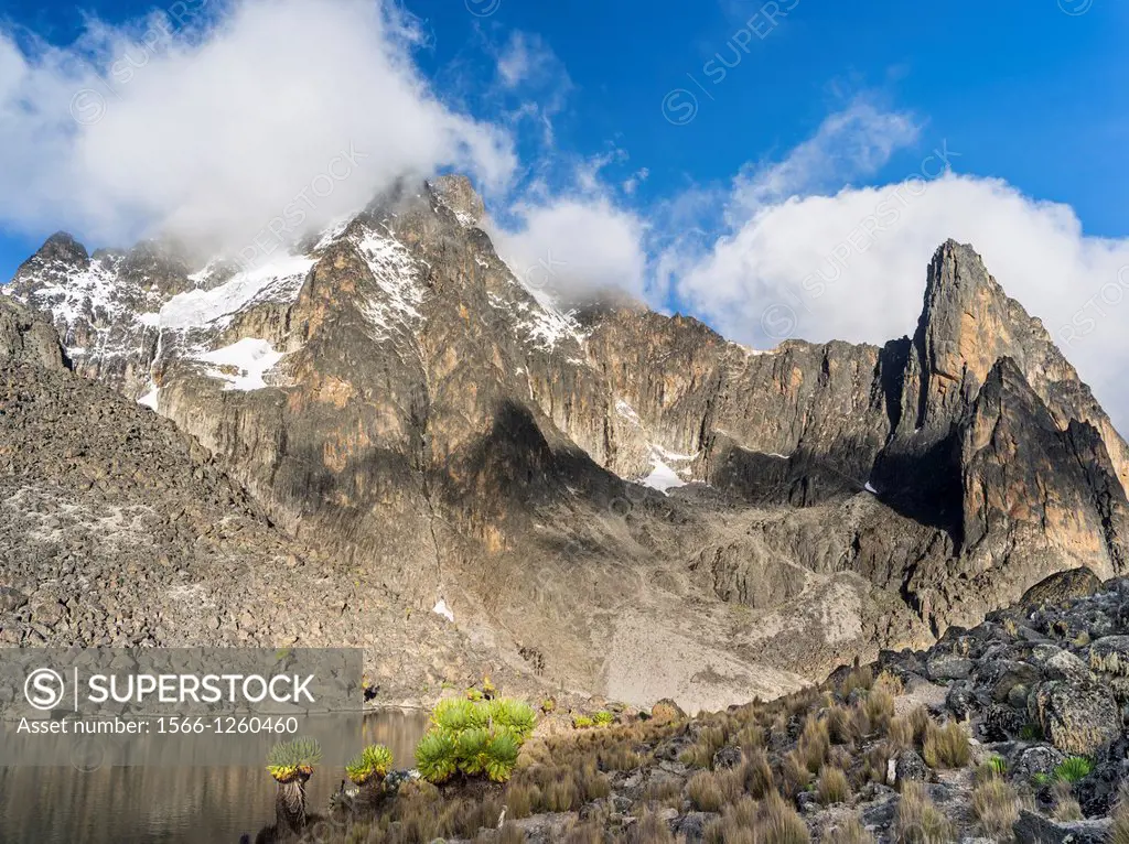 Mount Kenya national park in the highlands of central Kenya, a UNESCO world heritage site. The central part of Mount Kenya with Batian (front) and Nel...