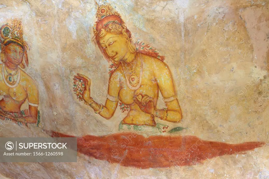 Sri Lanka - Sigiriya, ancient frescoes at cave wall, Royal Fortress in Sri Lanka, UNESCO World Heritage Site