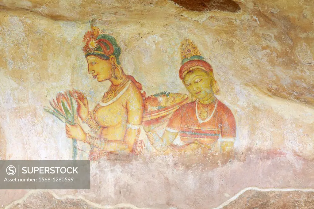 Sri Lanka - Sigiriya, ancient frescoes at cave wall, Royal Fortress in Sri Lanka, UNESCO World Heritage Site