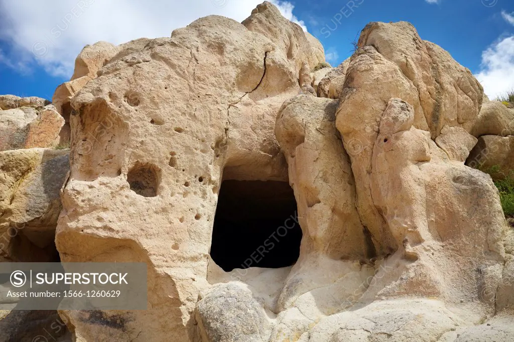 Turkey - Cappadocia, Goreme National Park, entrance to cappadocian house carved into the volcanic rock, Unesco
