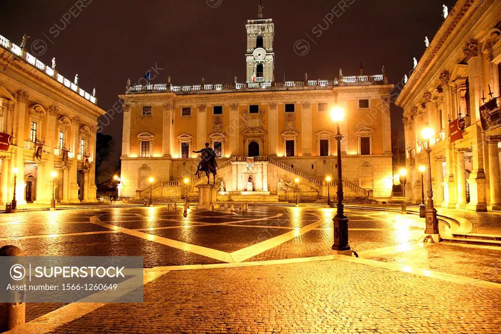 Piazza del Campidoglio, on the top of Capitoline Hill, with the facade of Palazzo Senatorio and the replica of the equestrian statue of Marcus Aureliu...