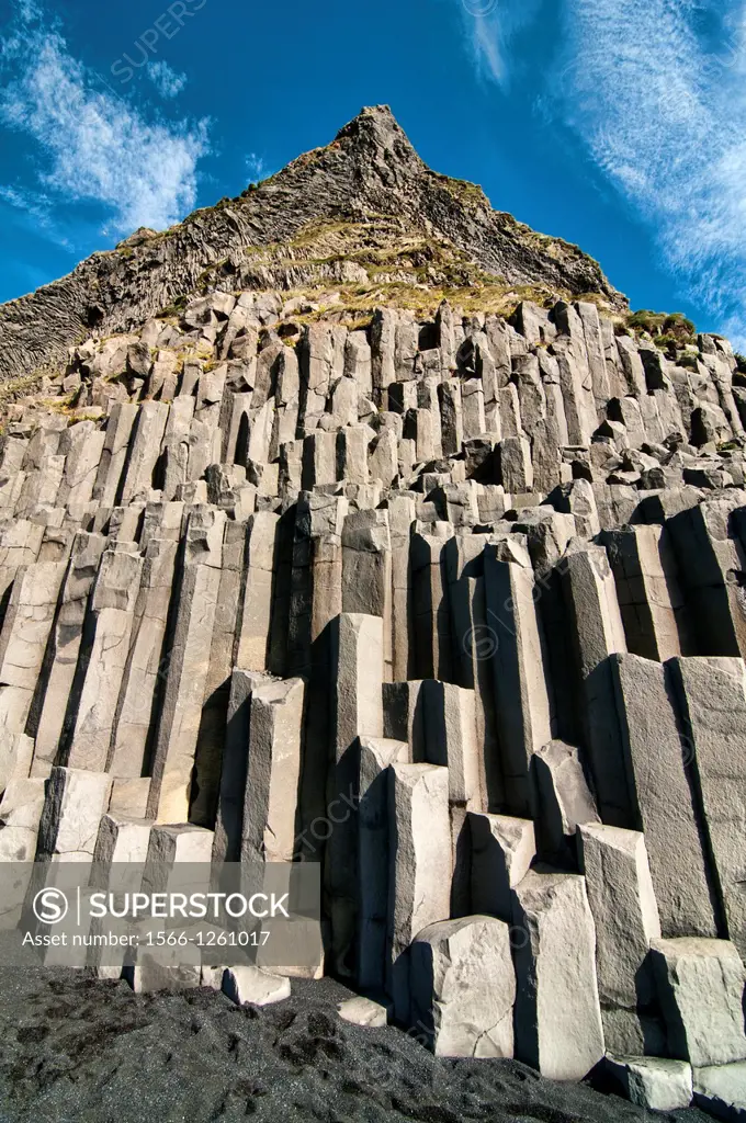 Studlaberg basalt columns on Reynisfjara black sand beach near Vik, southern Iceland